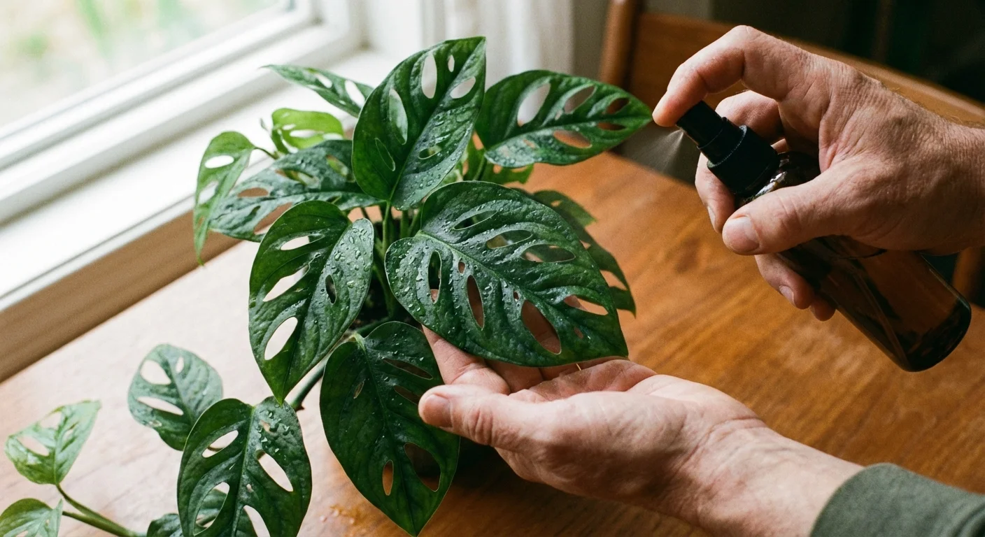 Hands misting the leaves of a Baltic Blue Pothos plant with a glass spray bottle.