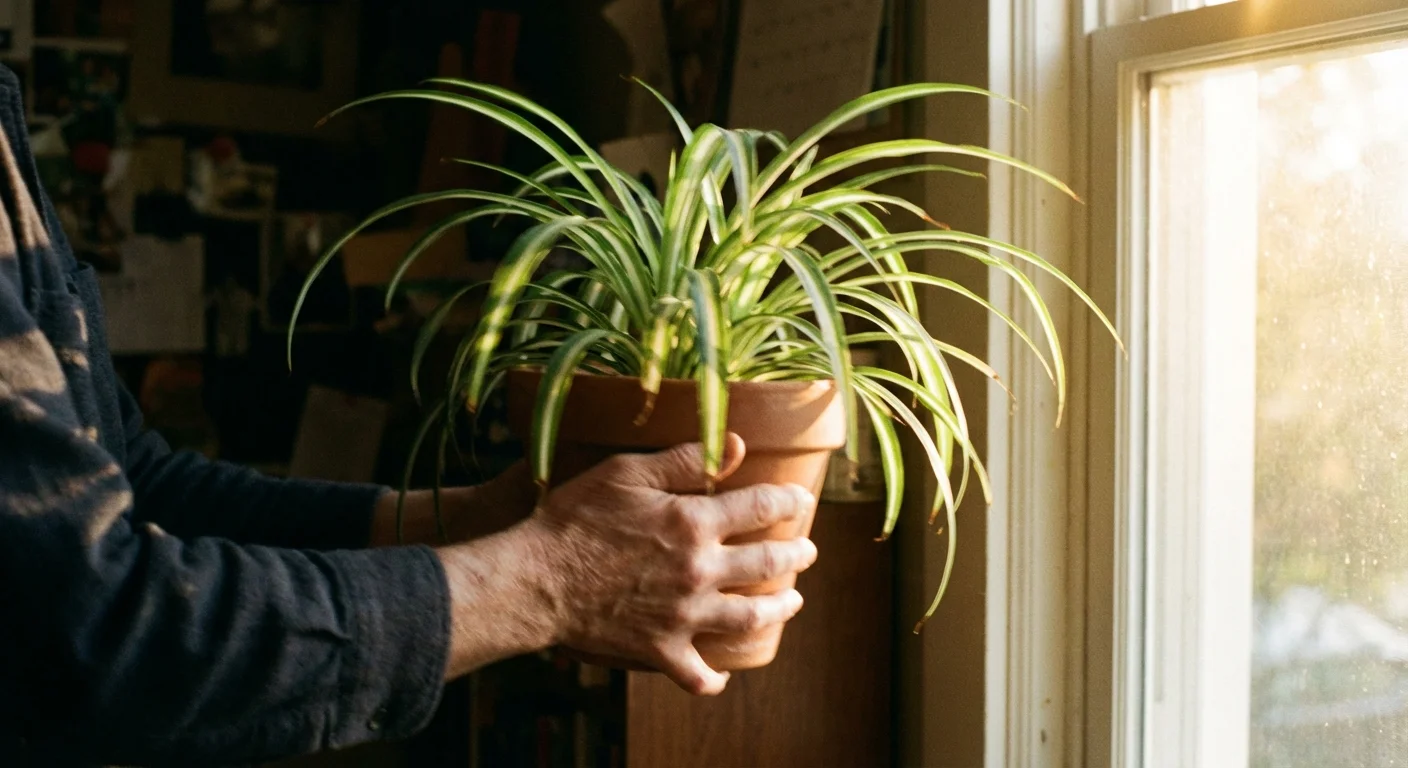 Hands moving a potted spider plant toward a sunny window.
