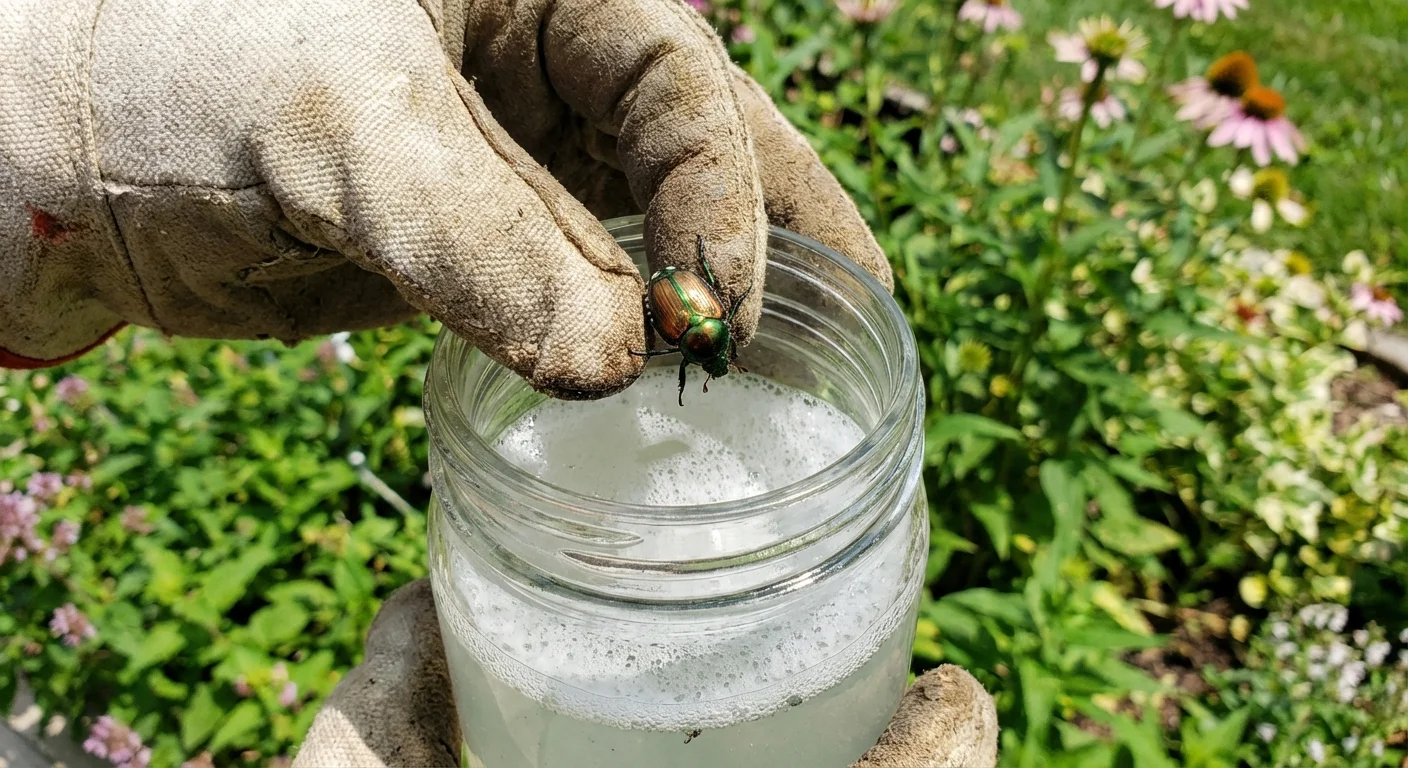 Hands-on natural pest control: dropping a beetle into a jar of soapy water.