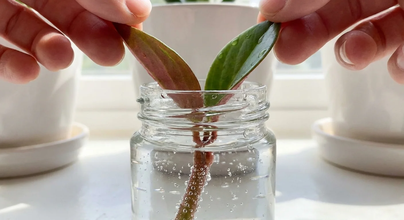 Hands placing a Peperomia Rosso leaf cutting into a glass jar for propagation.