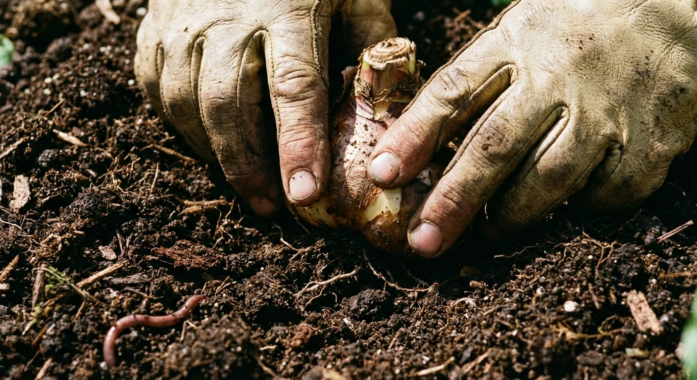 Hands planting a Calla Lily bulb in rich garden soil.