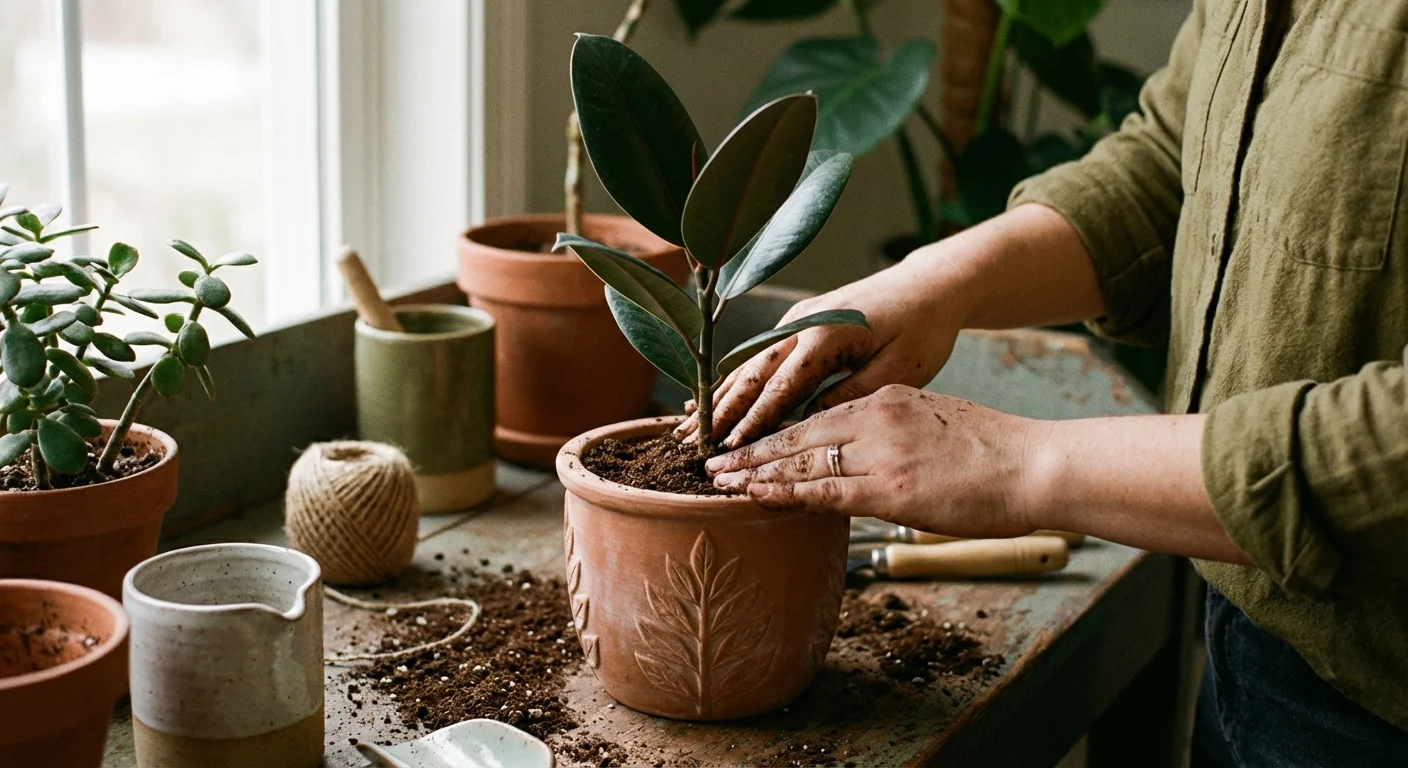 Hands planting a rooted rubber plant cutting into a small ceramic pot.