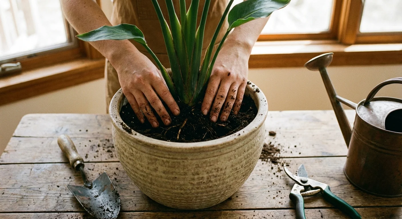 Hands potting a Bird of Paradise plant in a stylish ceramic container.