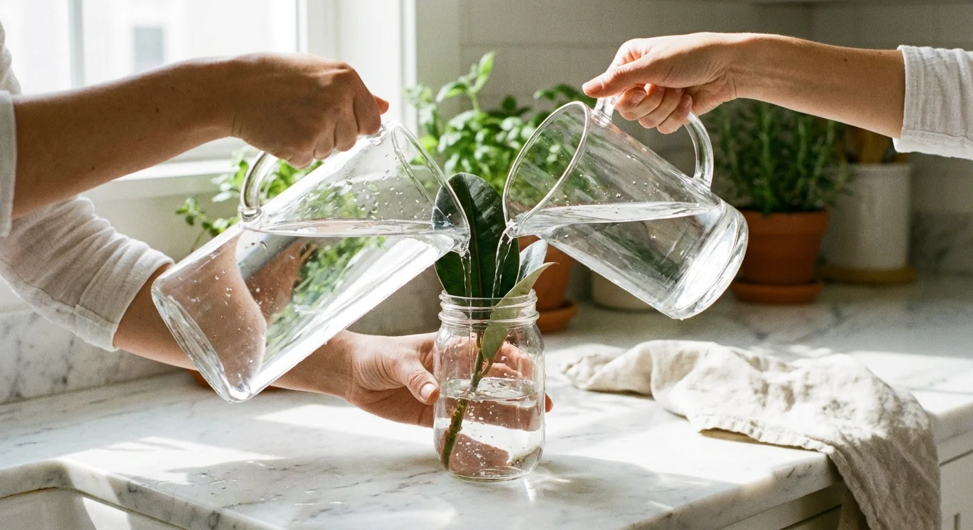 Hands pouring fresh water into a glass jar with a rubber plant cutting.