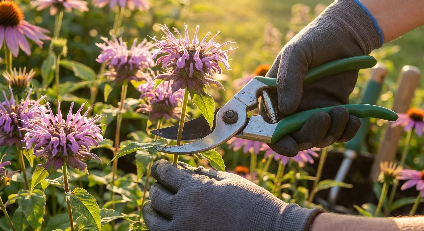 Hands pruning faded Bee Balm flowers to encourage a second bloom.