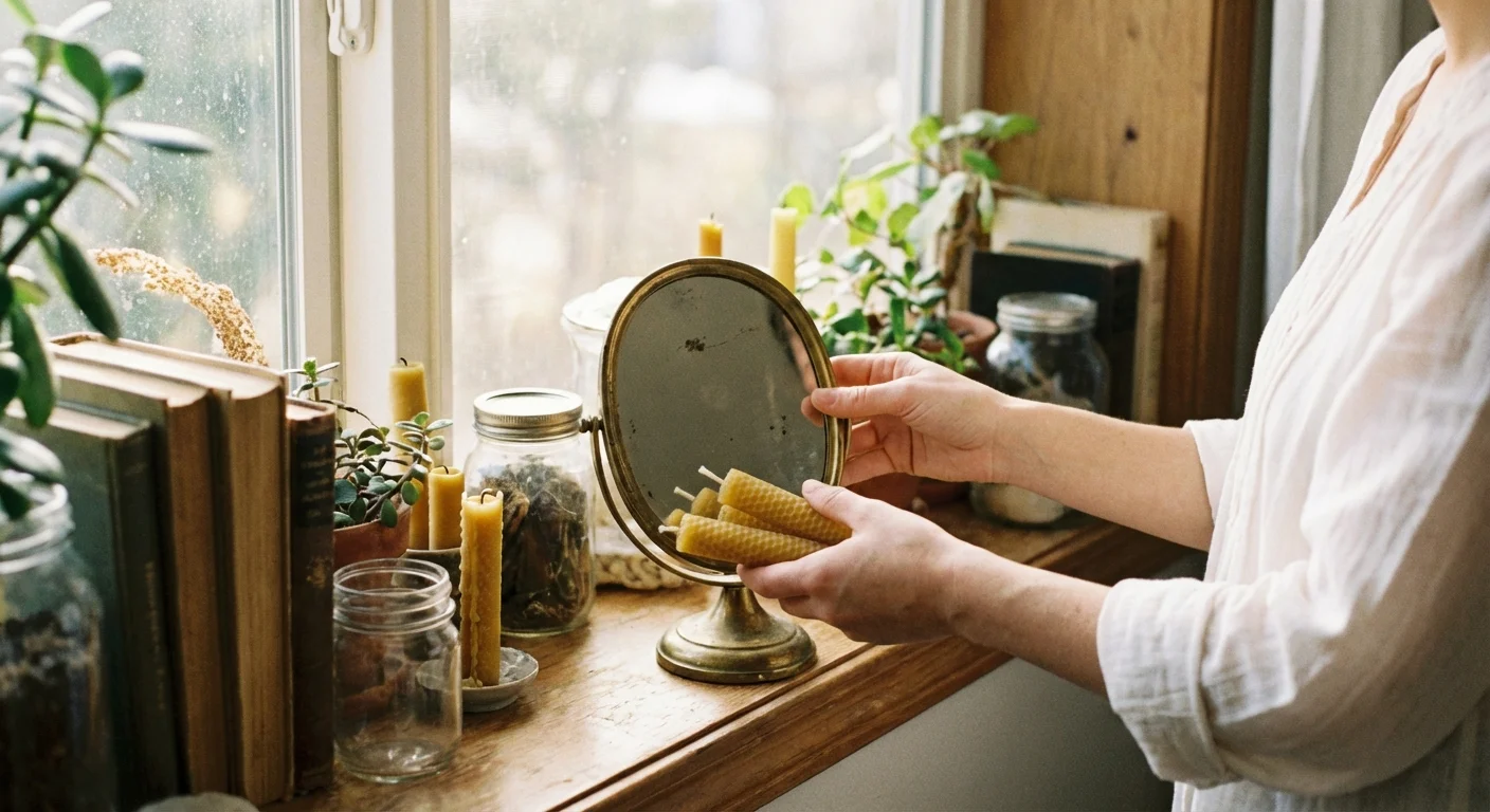 Hands removing candles and a mirror from a bright windowsill for home safety.