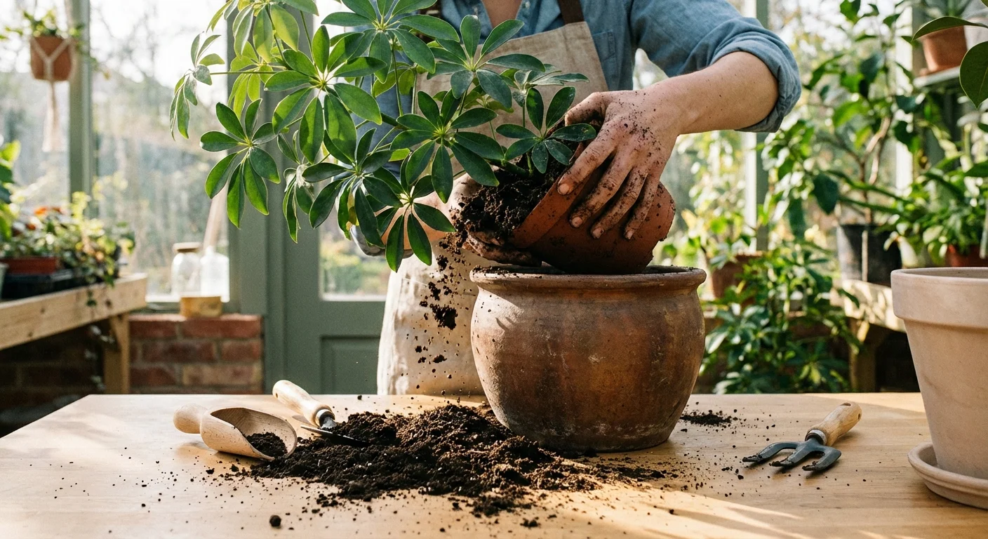 Hands repotting an Umbrella Plant into a larger container with fresh soil.