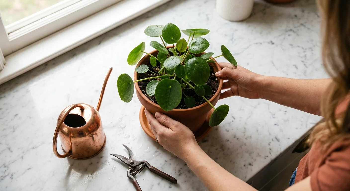 Hands rotating a Pilea plant pot to ensure even sun exposure.