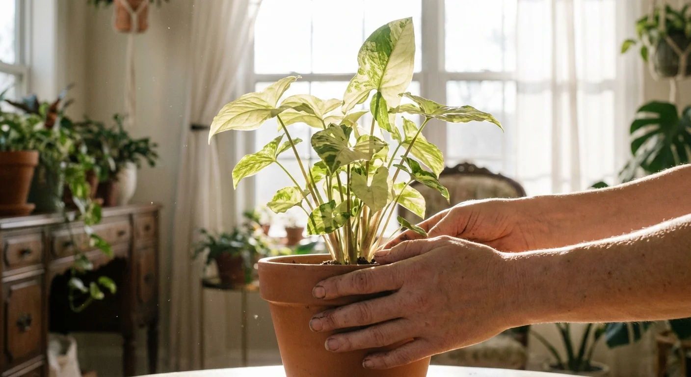 Hands rotating a potted plant to ensure all sides receive indirect sunlight.