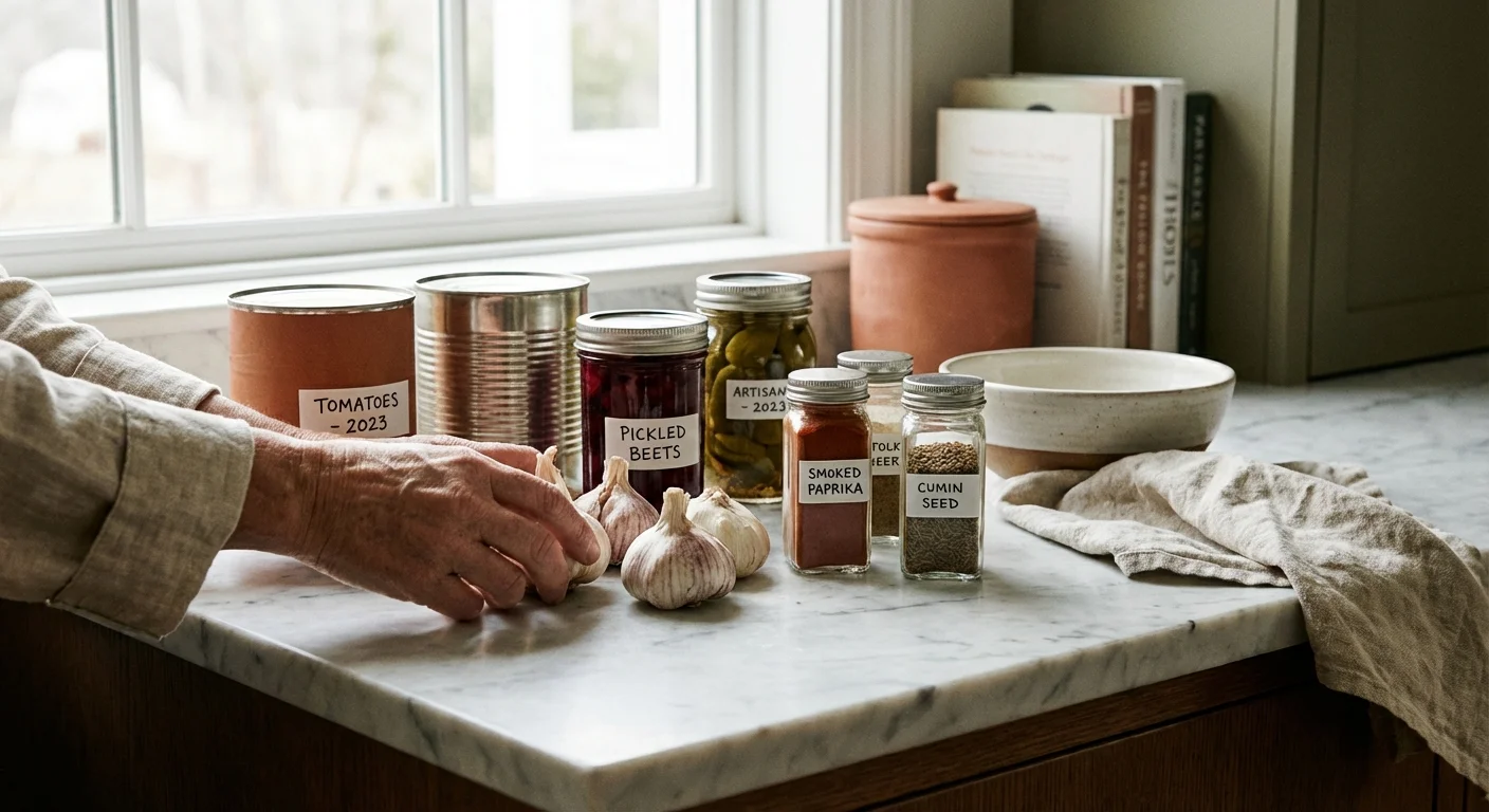 Hands sorting through fresh garlic and pantry staples on a clean kitchen counter.