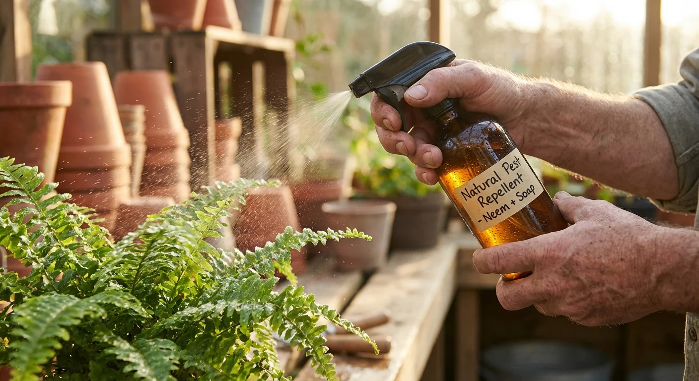 Hands spraying a natural soapy water solution onto a plant to remove aphids.
