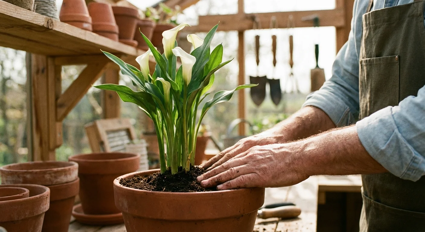 Hands testing the soil moisture of a Calla Lily plant in a terracotta pot.