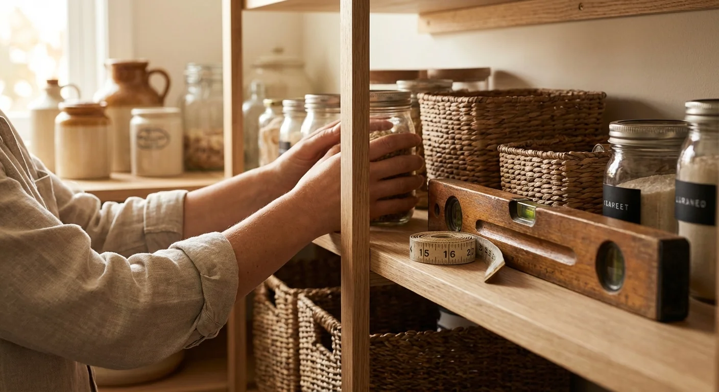Hands using a level and measuring tape to organize a pantry shelf, representing a DIY home improvement project.