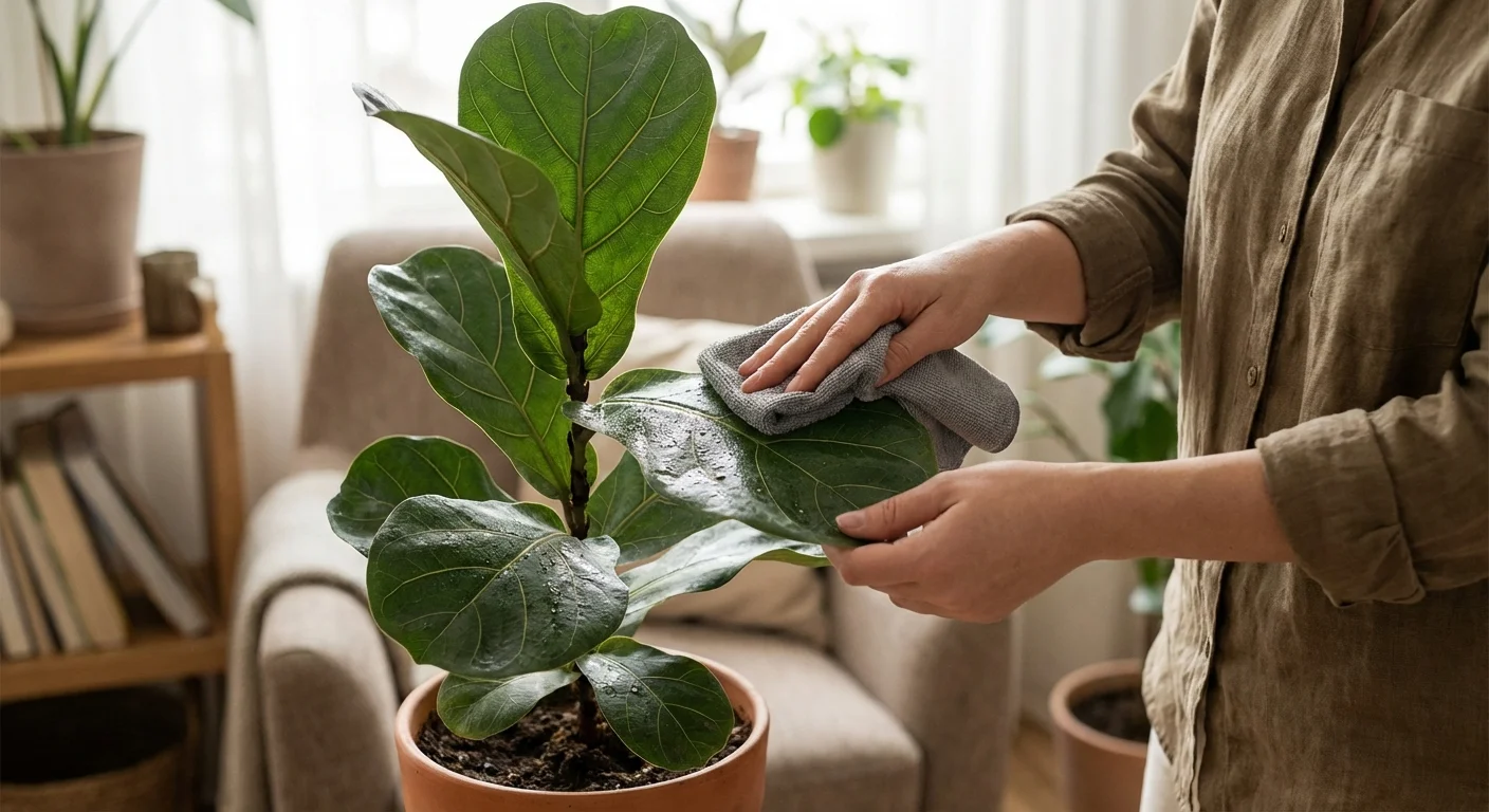 Hands using a microfiber cloth to clean dust off a large indoor plant leaf.