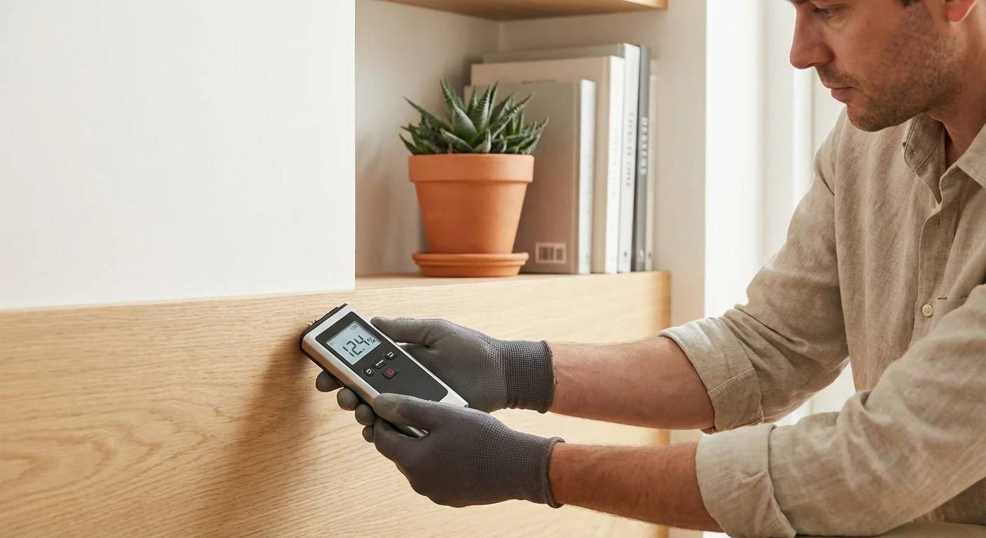 Hands using a moisture meter tool to check a wooden baseboard for hidden leaks.