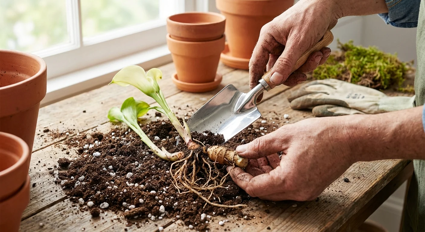 Hands using a trowel to separate calla lily rhizomes on a potting table.