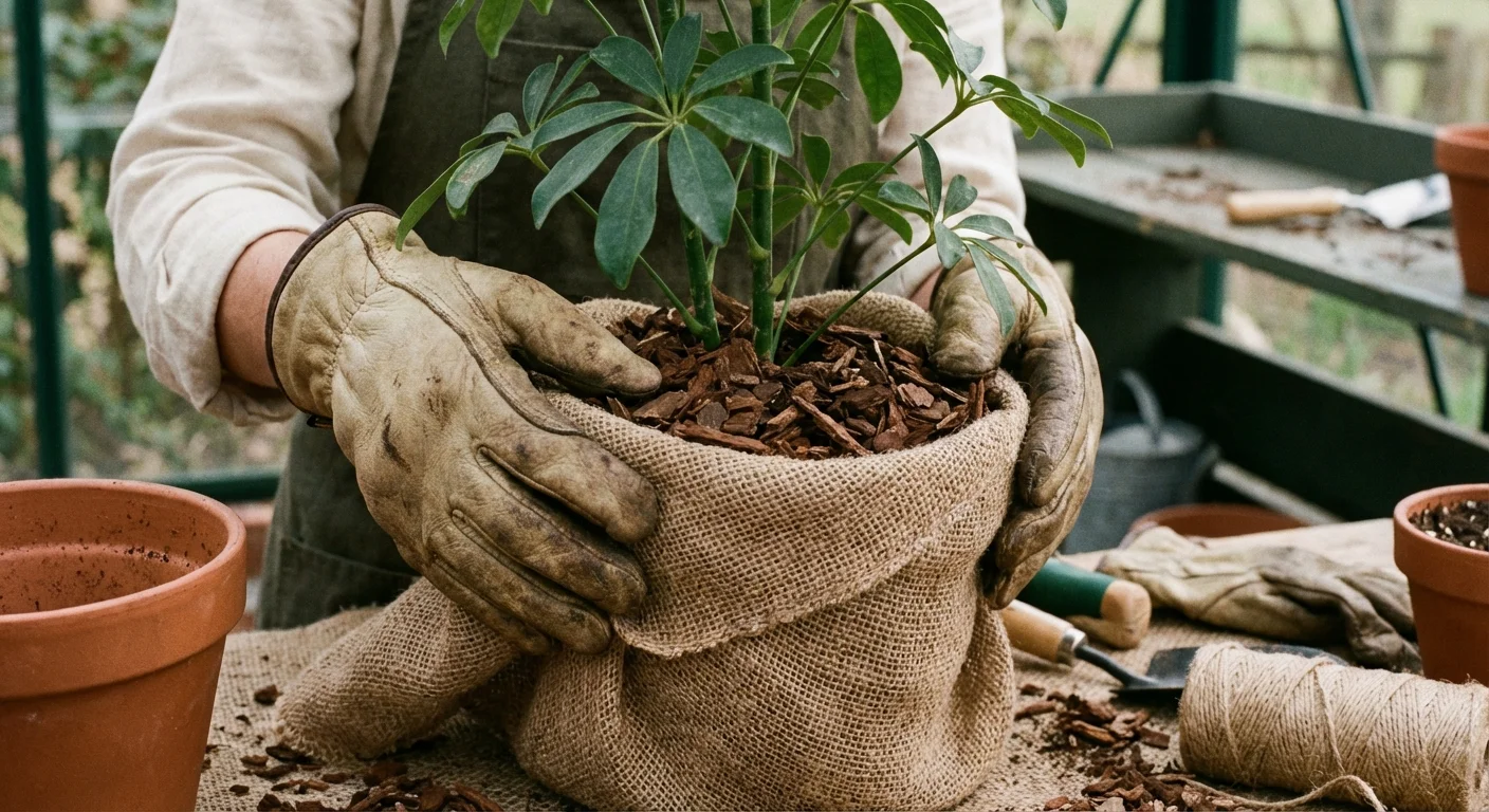 Hands wrapping a plant pot in burlap and adding mulch for winter insulation.