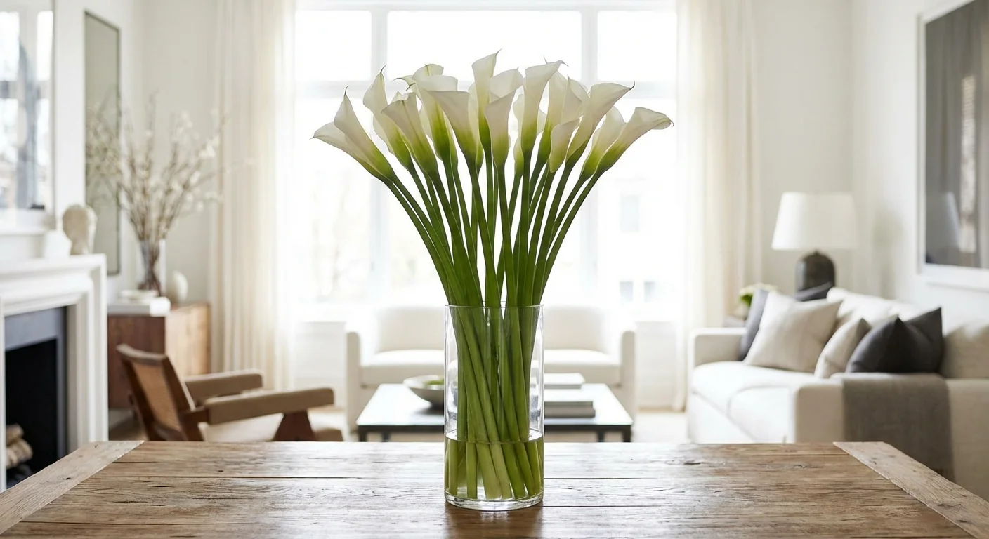 Healthy, upright white Calla Lilies in a clear glass vase.