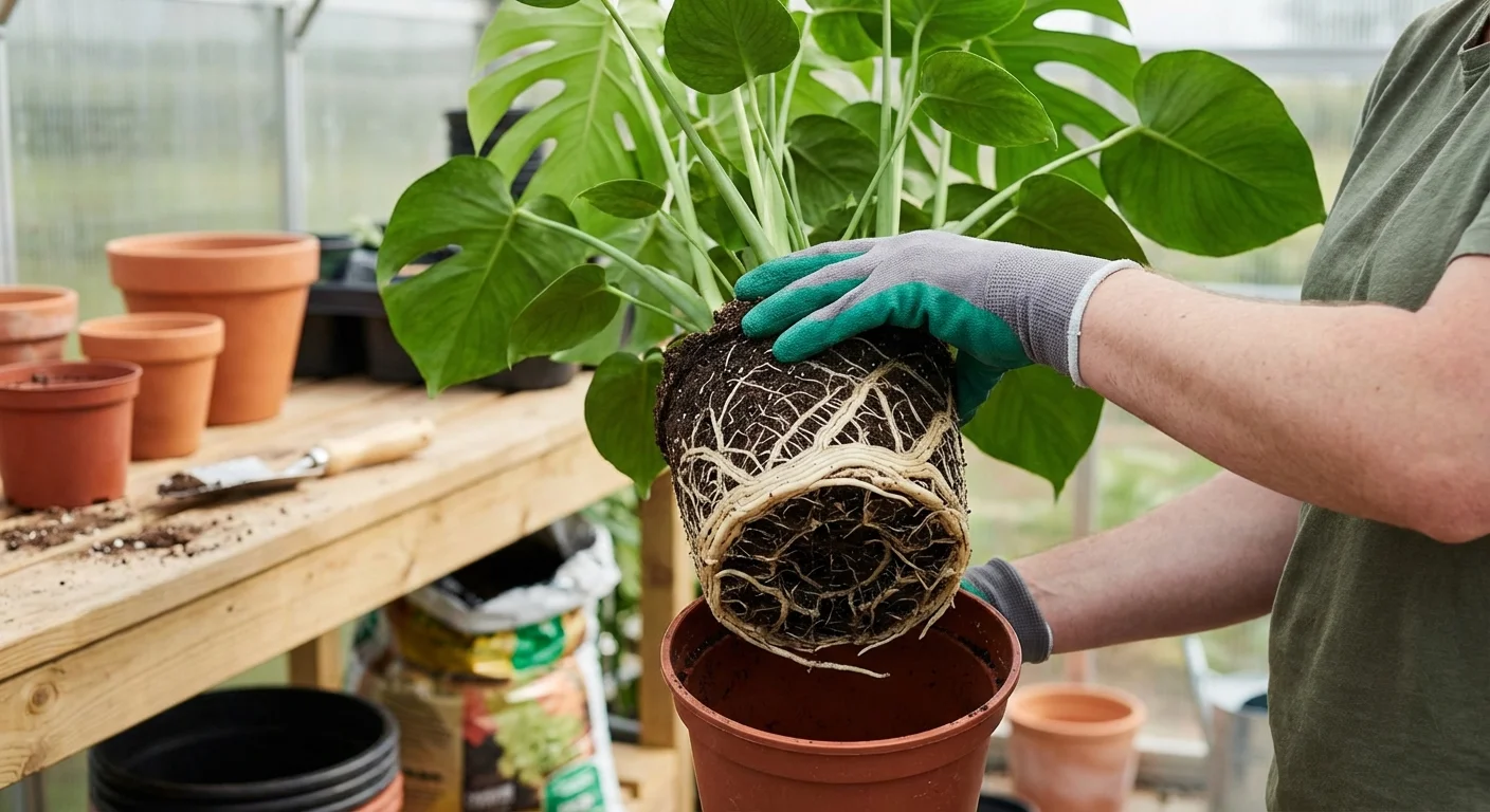 Healthy white plant roots visible at the bottom of a plastic nursery pot.