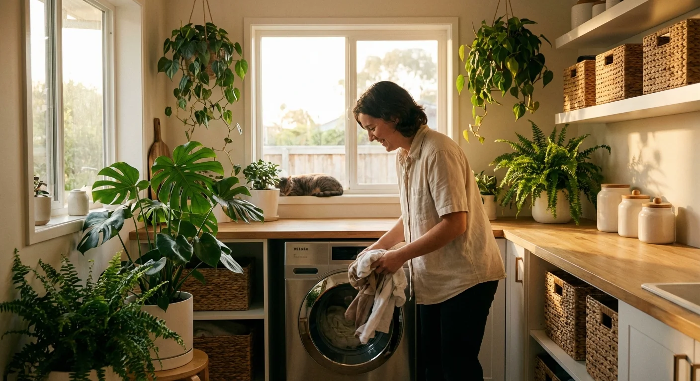 Homeowner in a bright, botanical-filled laundry room with a modern, durable washing machine.