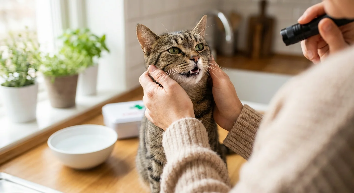 Human hands gently checking a cat's mouth for plant matter.