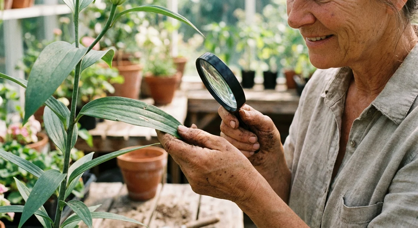 Inspecting a lily leaf for signs of pests or disease.