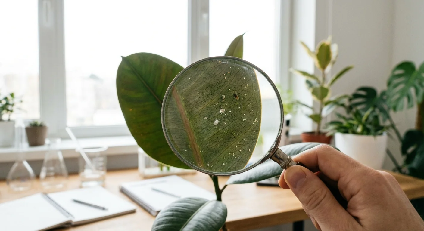 Inspecting a rubber plant leaf with a magnifying glass.
