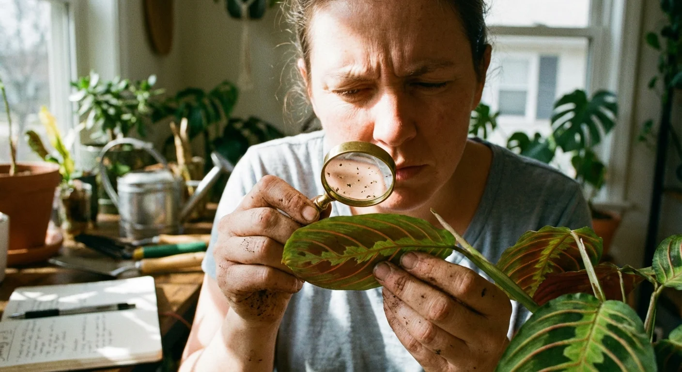 Inspecting the underside of a prayer plant leaf for pests.