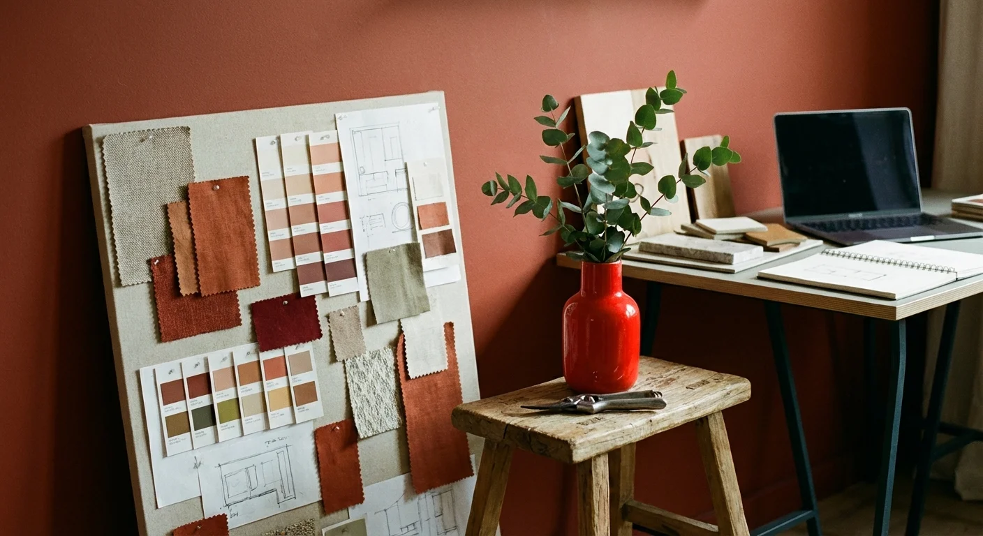 Interior design mood board against a monochromatic terracotta wall with a wooden stool and red vase.