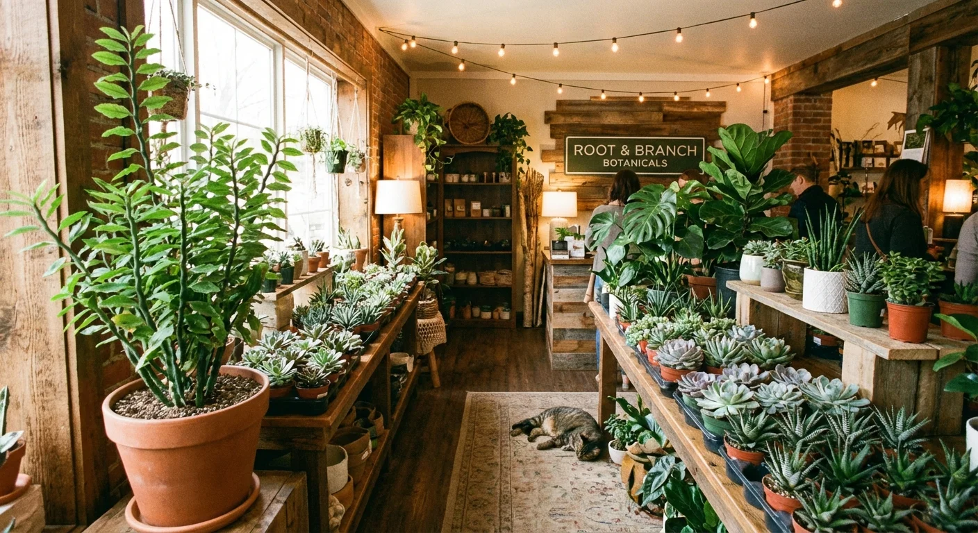 Interior of a boutique plant shop filled with greenery.