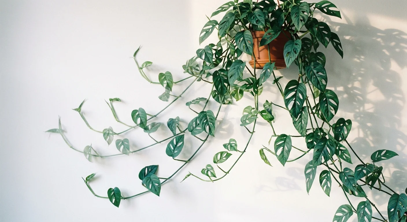 Long vines of a Baltic Blue Pothos trailing down a bright white wall.