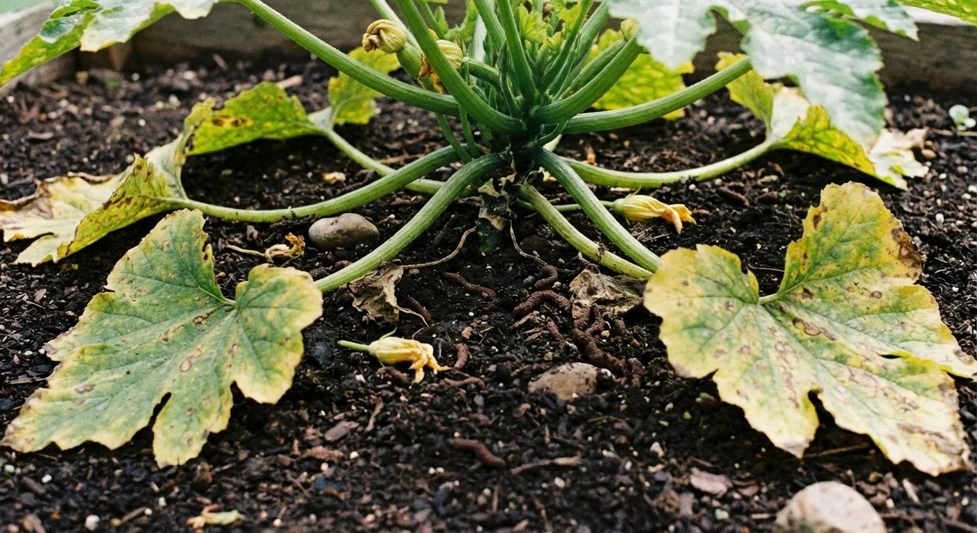 Low-angle view of the base of a zucchini plant and its lower leaves.