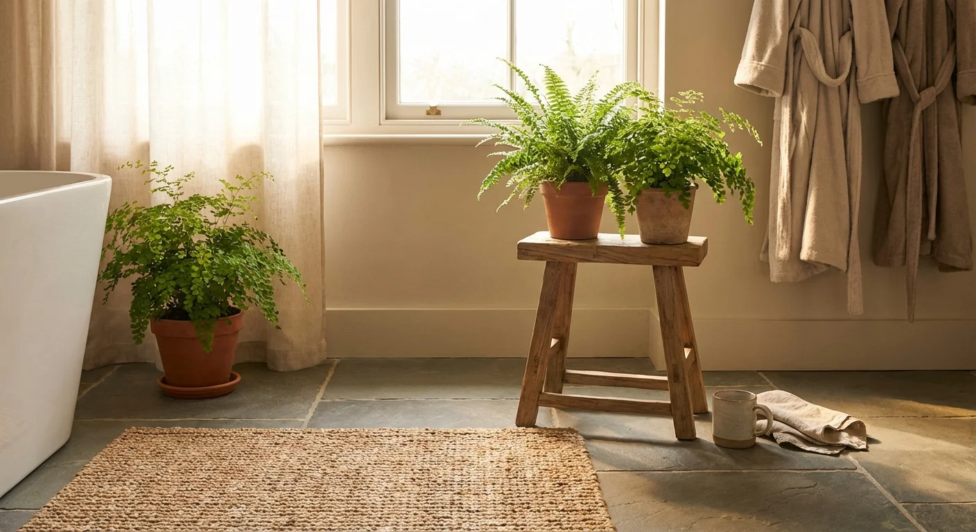 Lush ferns in a bathroom with non-slip matte stone flooring.