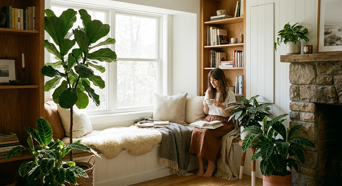 Lush tropical houseplants arranged beautifully near a sunlit window in a peaceful room.
