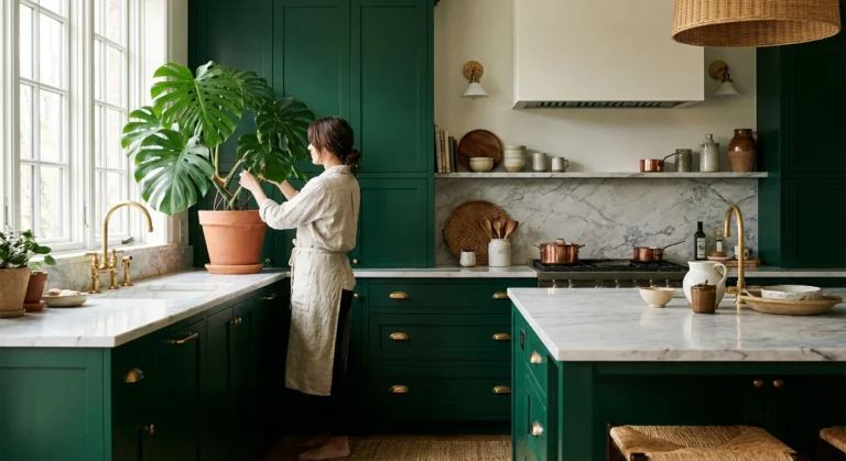 Luxury kitchen with emerald green cabinets, brass hardware, and lush plants in natural light.