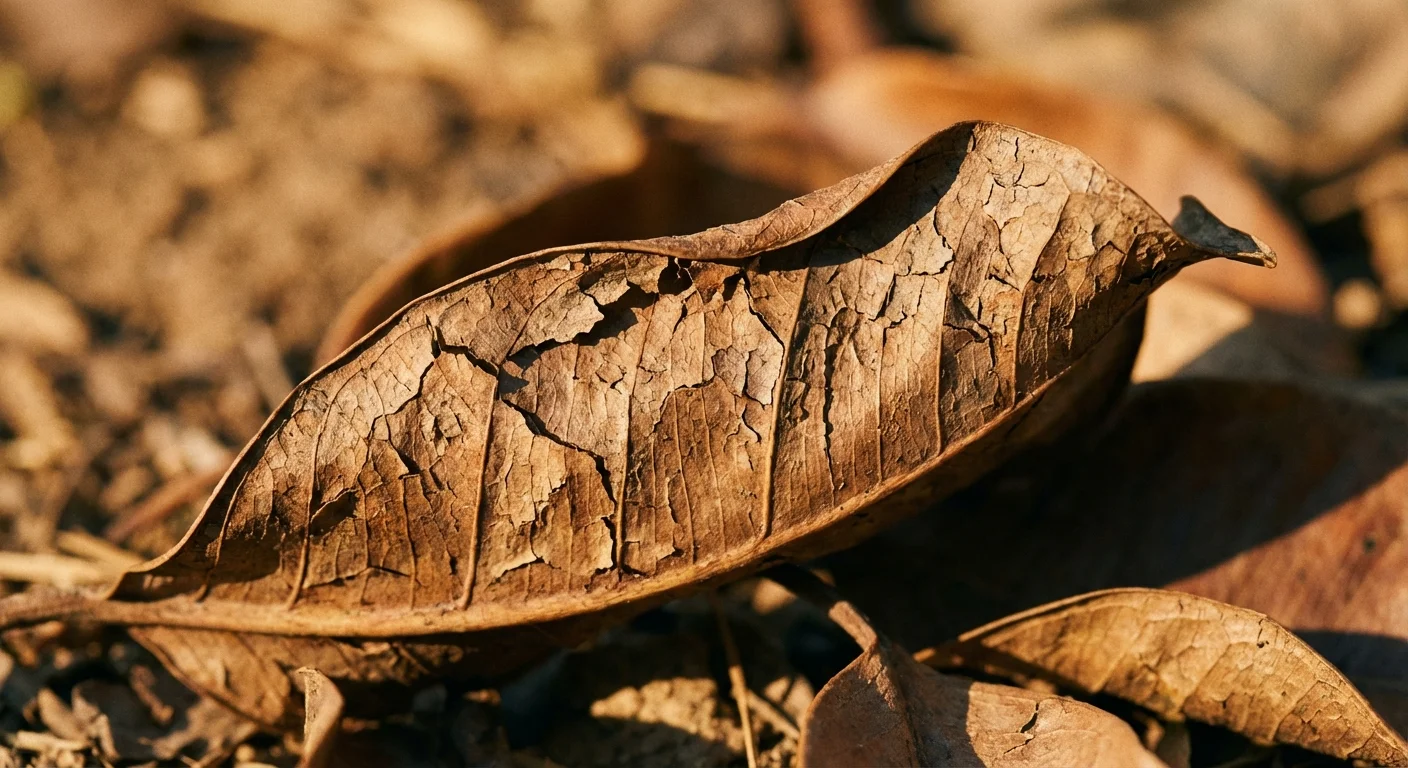 Macro shot of a dry, brown leaf edge on a Rubber Plant.