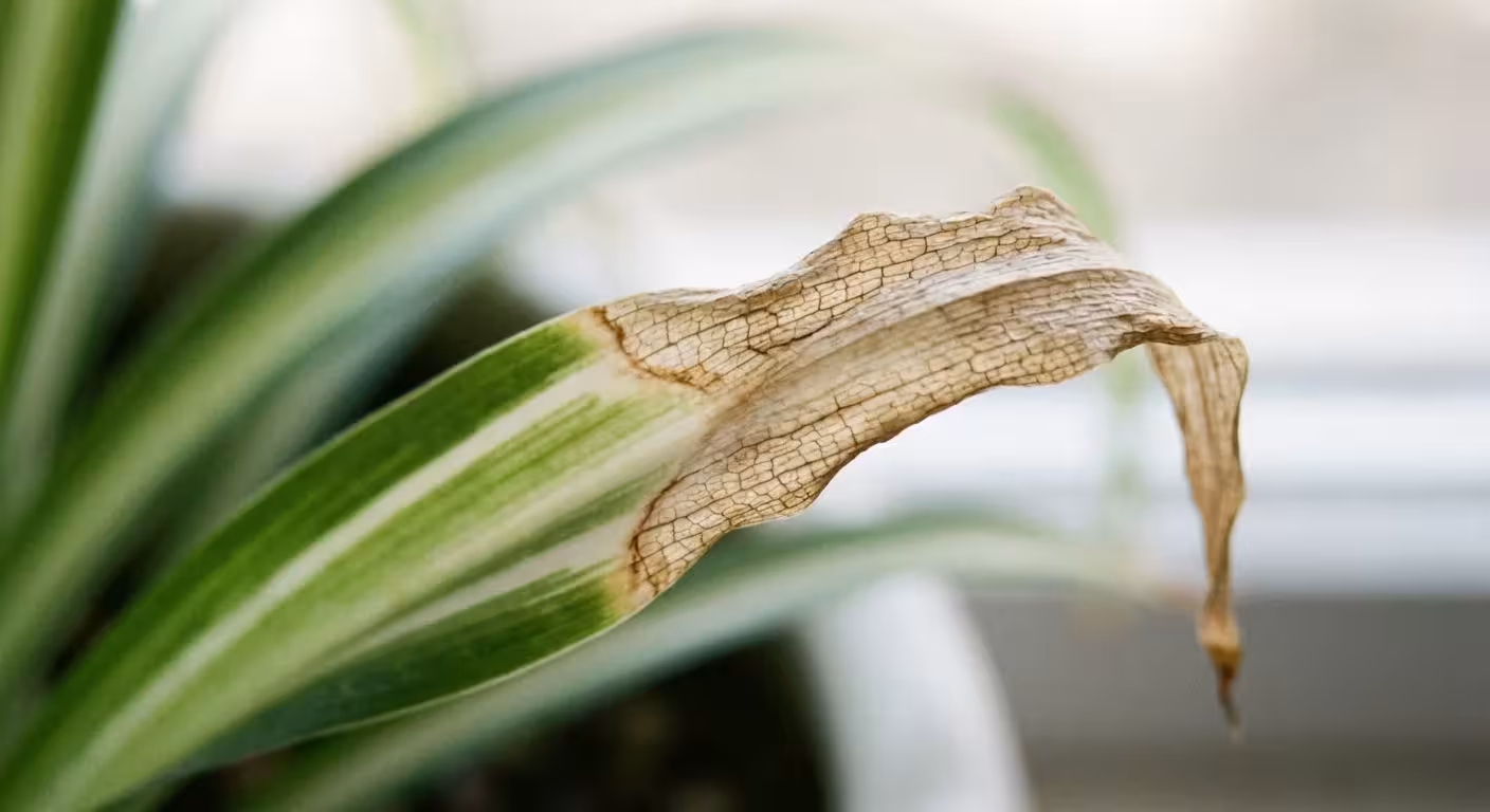 Macro shot of a dry, crispy leaf tip on a spider plant.
