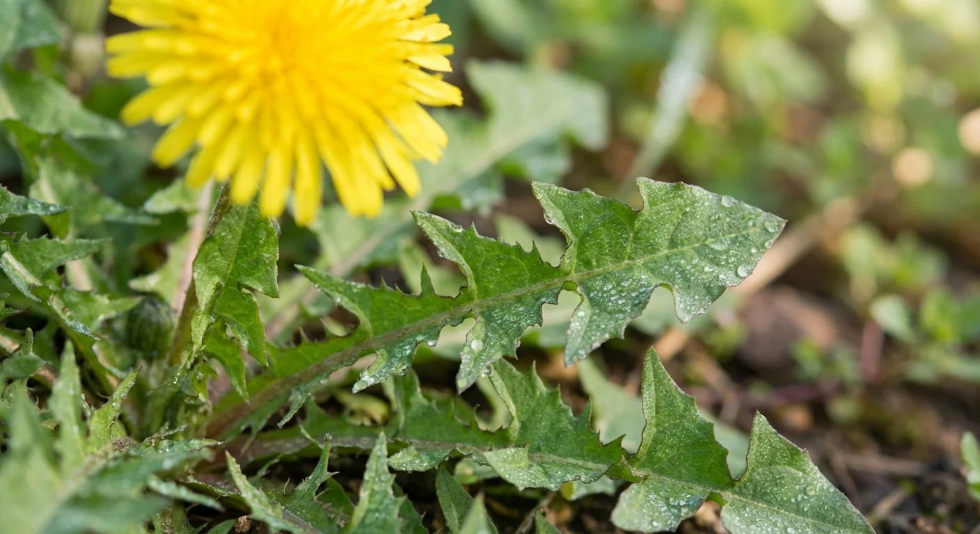 Macro shot of a yellow dandelion showing the distinct jagged leaf structure.