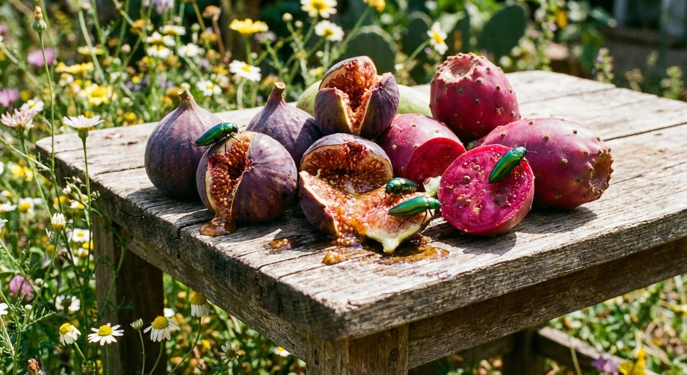 Macro shot of overripe figs and cactus fruit attracting green beetles.