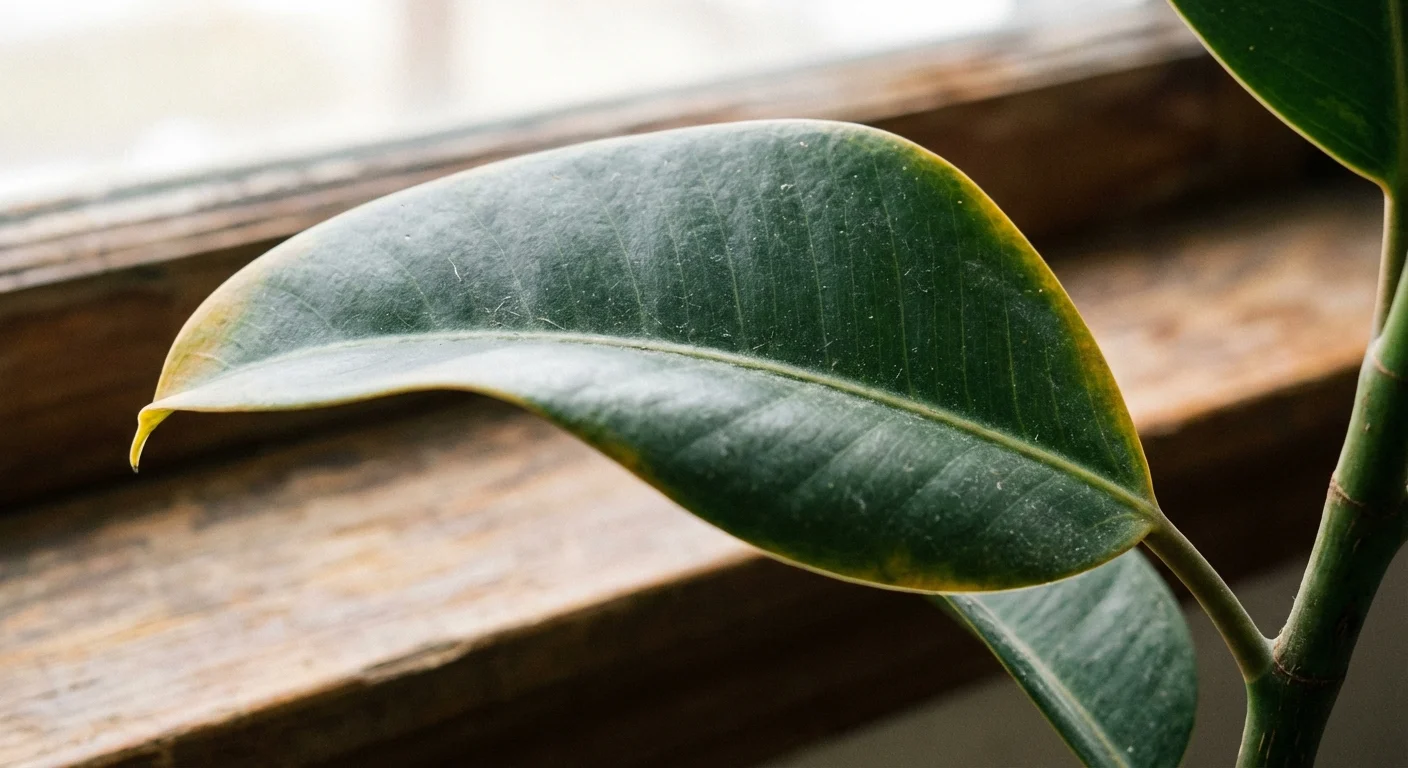 Macro view of a rubber plant leaf with slight yellowing on the edges.