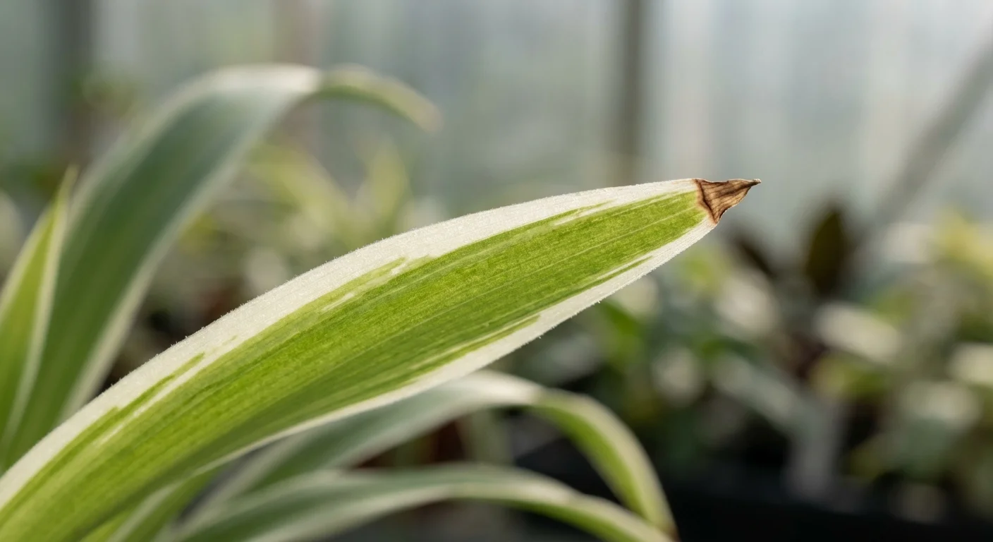 Macro view of a spider plant leaf showing a brown tip from too much light.