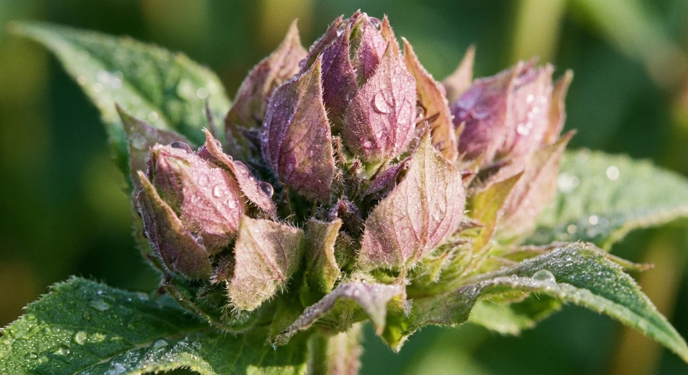Macro view of green Bee Balm flower buds about to burst into bloom.