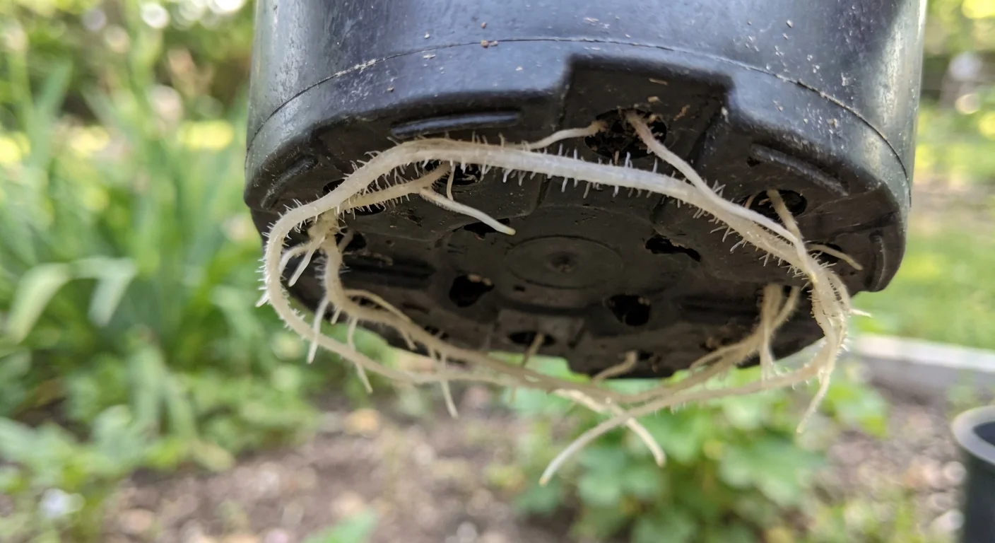 Macro view of Philodendron Birkin roots growing out of the bottom drainage holes of a plastic pot.
