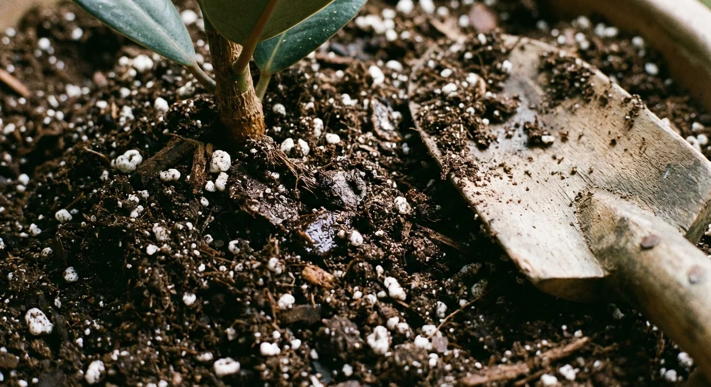 Macro view of well-draining, rich dark soil at the base of an outdoor rubber plant.