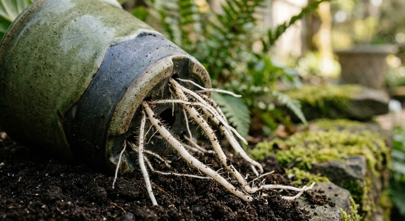 Macro view of white plant roots emerging from the drainage holes of a pot.