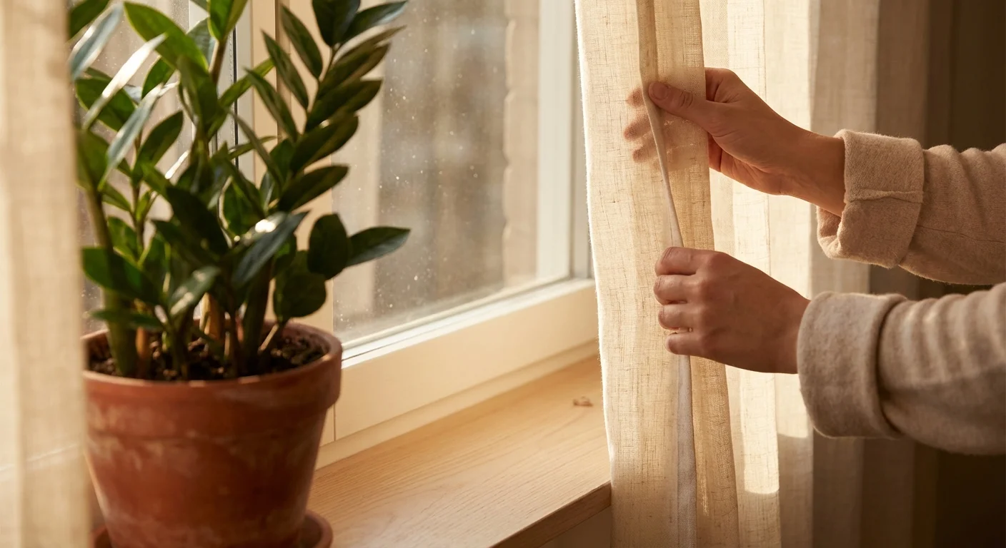 Mâini care ajustează o perdea transparentă lângă o plantă de apartament sănătoasă.