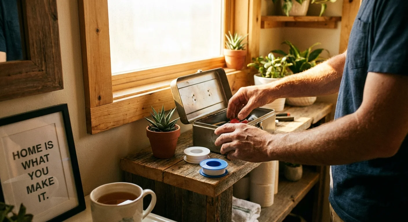 Mâini care organizează unelte de întreținere și plante pe o poliță de lemn în baie.