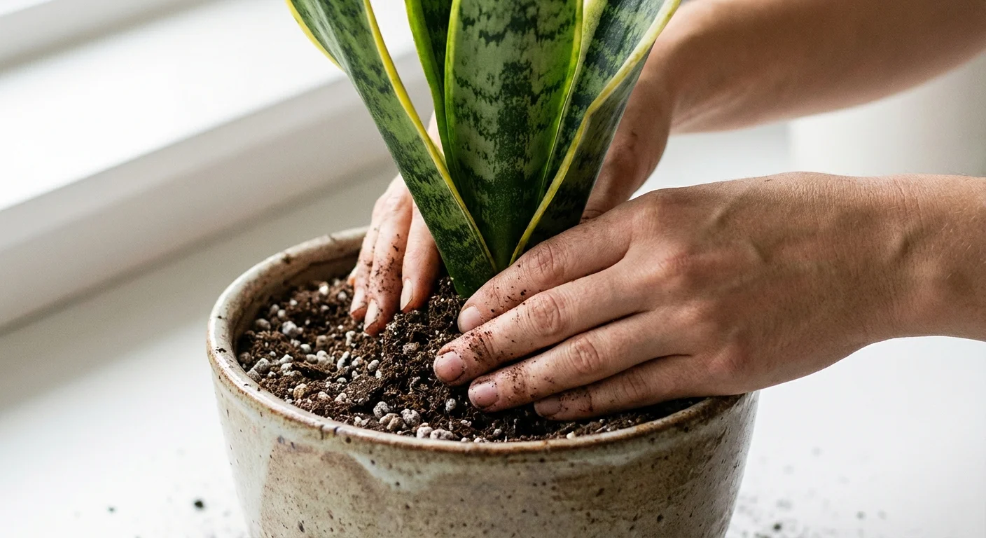 Mâini care plantează o Sansevieria într-un ghiveci elegant cu pământ proaspăt.