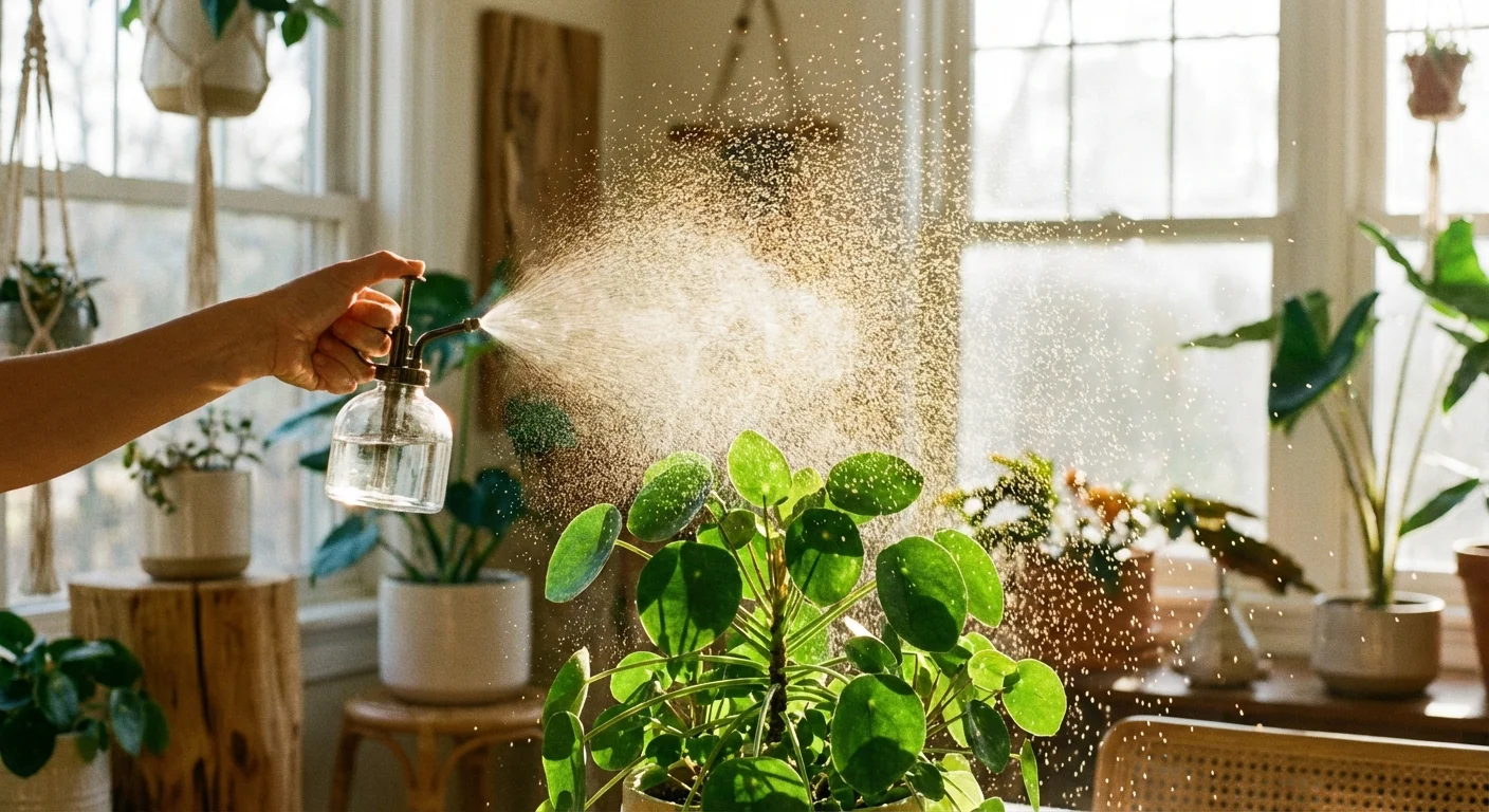 Misting a Chinese Money Plant with water to increase humidity.