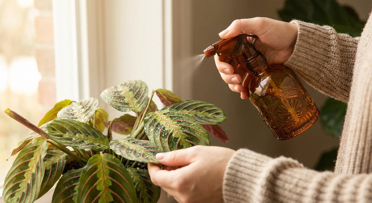 Misting a prayer plant with water after it has been pruned.